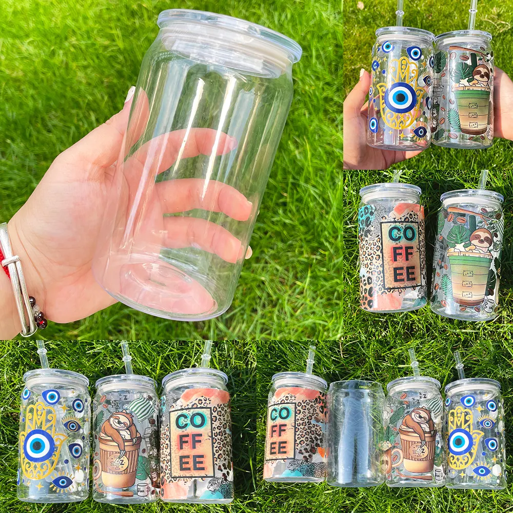 6pcs To One Small Box 60pcs To One Case Plastic Acrylic PET 16oz Beer Glass Can Plastic Acrylic Can with pp Lids and Straws