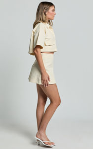 Personalizado Botão Frente Canvas Crop Shirt Mini Saia Curta Vestuário Fábrica Co Ord Combinando Conjunto de 2 Peças das Mulheres - Product Image 4