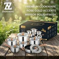 ZHEN NENG Ensemble de 12 casseroles classiques en acier inoxydable 201 SS avec poignées métalliques, fond triple couche, comprenant faitout, casserole, poêle et couvercles en verre