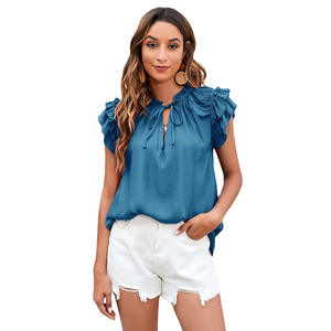 Summer Fashion T-shirt à col en V pour femmes, manches mi-longues en <span class=keywords><strong>lotus</strong></span>, col à volants, paillettes, mousseline de soie maigre, teinte unie. - Product Image 4