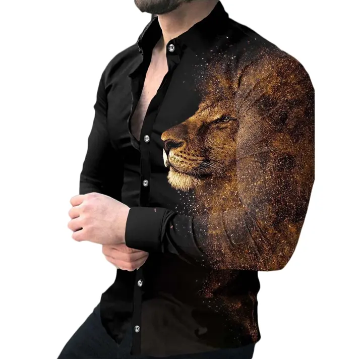 New design Lion digital print shirt 2022 Polyester wrinkle resistant long sleeve cardigan blouse Autumn men's Hip-pop tops