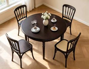 Vintage Dark Wood <b>Round</b> <b>Dining</b> <b>Table</b> Set, Farmhouse Windsor Chairs with Rattan Seats - Product Image 2