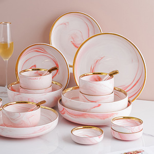 Service de table en céramique moderne et tendance à motif marbré, vaisselle jetable pour usage domestique simple, comprend des bols, des assiettes et des baguettes - Product Image 3