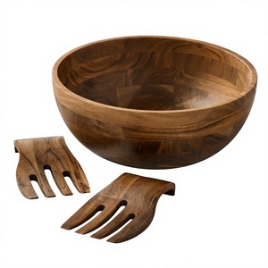 Ensemble de saladiers en bois faits à la main avec fourchettes de service, design minimaliste, en acacia, passe au lave-vaisselle, écologique, réutilisable, ustensiles de cuisine - Product Image 1