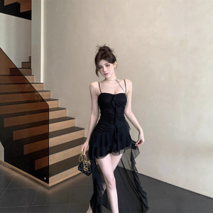 French Style Ruffled Asymmetric Slip Dress Spaghetti Strap Natural Waist Beach Party Casual Short Summer Dress - Product Image 2