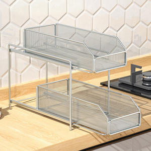 Organisateur de placard coulissant à 2 niveaux en maille métallique, tiroir de rangement <span class=keywords><strong>sous</strong></span> évier, étagère pour comptoir de cuisine - Product Image 3