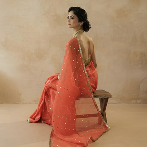 Elegant Coral <b>Silk</b> Kurti Glitter Print Gold Border Formal Quick-Dry Wedding Wear India Pakistan Women Floor-Length Regular Fit - Product Image 1