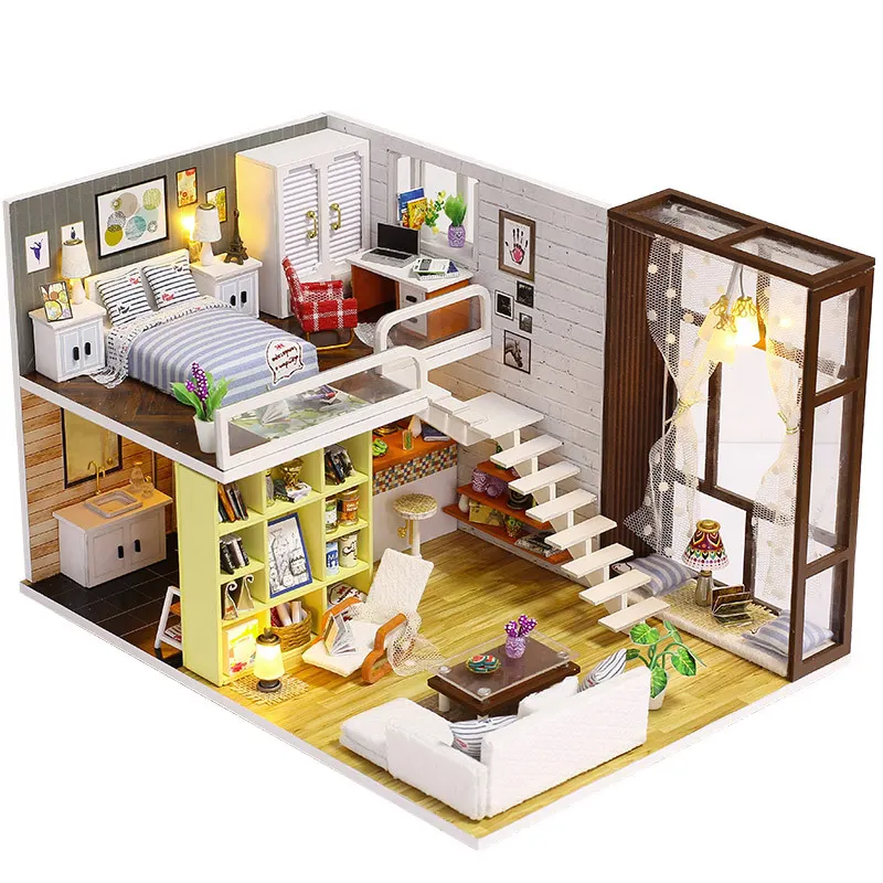 Contracted city wholesale DIY wooden mini loft doll house miniature dollhouse kit for gift