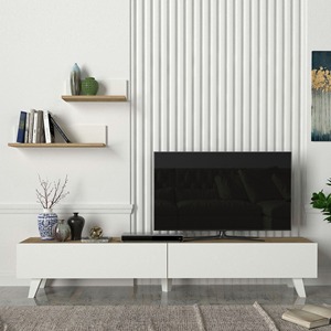 Mobile <span class=keywords><strong>TV</strong></span> in Legno con Spazio di Archiviazione Versatile e 2 Mensole a <span class=keywords><strong>Muro</strong></span> per Soggiorno, Ordine all'Ingrosso dalla Fabbrica - Product Image 2