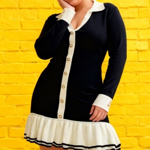 ชุดเดรสแขนยาวผ้าถักระบายสองชั้นคอปกกระดุมมุกสำหรับผู้หญิงแฟชั่น - Product Image 6