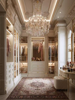 Système de dressing de luxe doré sculpté, armoire laquée blanche, coiffeuse classique style palais, mobilier de chambre à coucher