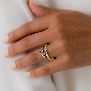 Bague en grappe de fleurs T0626 en or massif 18 carats avec saphir taille brillant rond et sertissage pavé, bagues de fiançailles fines pour femme - Product Image 6