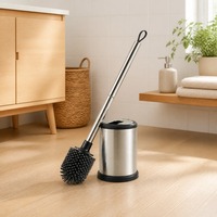 Brosse de toilette avec support en acier inoxydable, manche deux pièces, design compact, couvercle rabattable, tête en silicone anti-éclaboussures, fixation murale