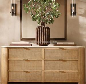 MYHOME 2025 <span class=keywords><strong>Commode</strong></span> de luxe à 6 tiroirs en chêne massif, plateau en travertin moderne, panneaux en rotin tressé, mobilier de chambre - Product Image 5