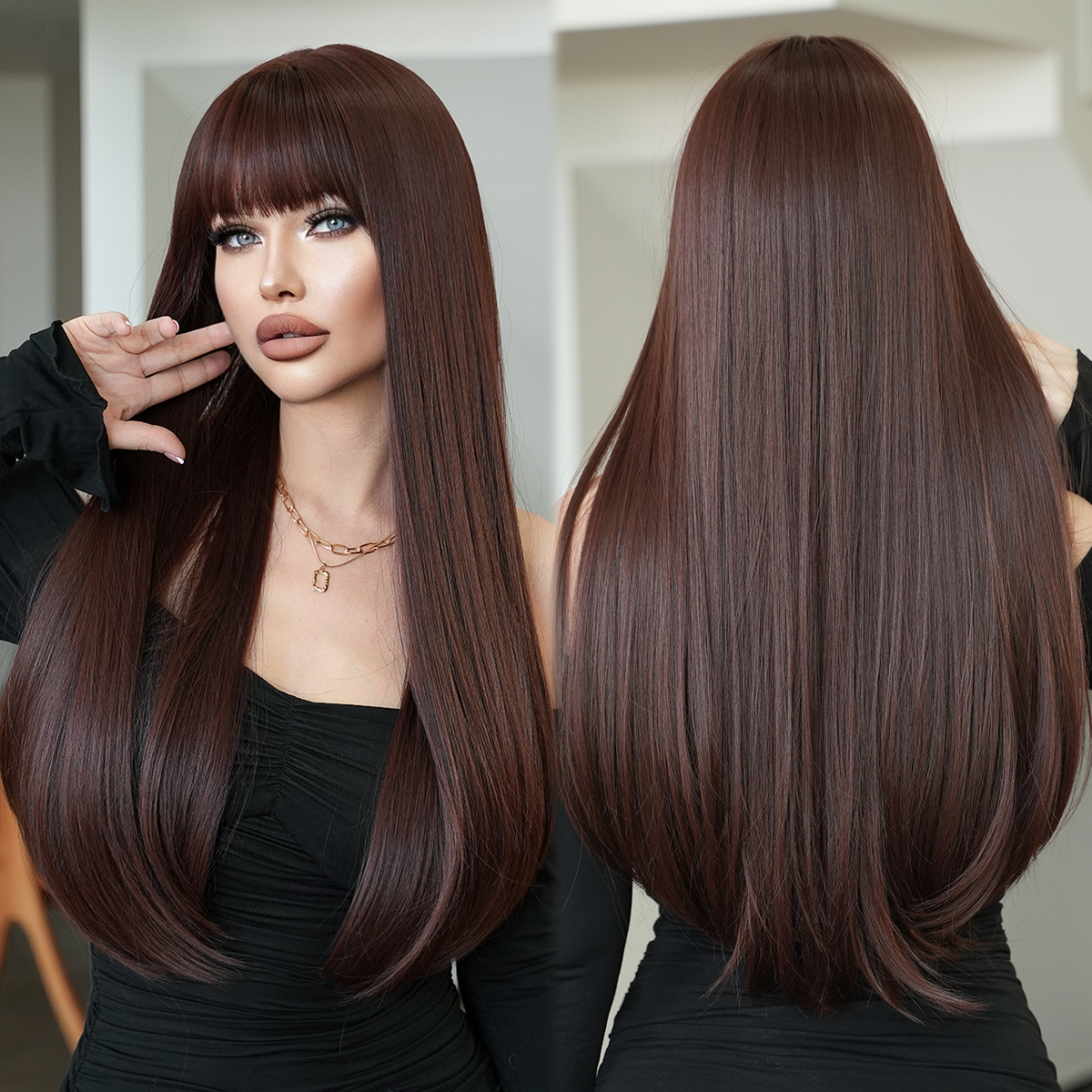 Dark brown bangs wig long 2020 read on Amazon.com : KOME Dark Brown Wigs with Bangs,Brown Highlight  main image 2