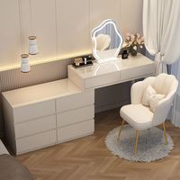 Table de maquillage moderne éclairée en bois et métal style Wabi-Sabi avec rangement intégré et bureau pour chambre à coucher