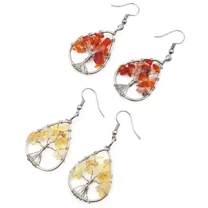 Wholesale Tree Of Life Stone citrine red quartz pendants Healing Jewelry Crystals Gemstone Earrings drop silver hoops for gift