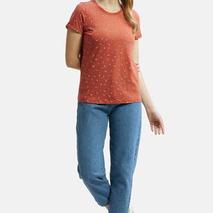 T-shirt en coton tricoté décontracté à manches courtes pour femme, col rond, imprimé orange, coupe classique, respirant, collection Printemps-Été, en vente en ligne - Product Image 3
