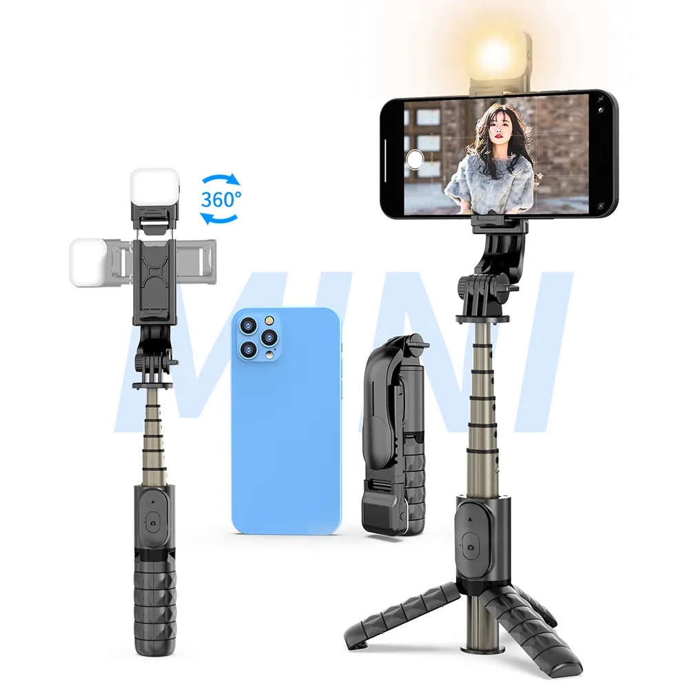 Extensível Controle Remoto Sem Fio Selfie-Stick 360 Flexível Live Tripé Stand Mini Phone Camera Selfie Stick Com Luz de Preenchimento