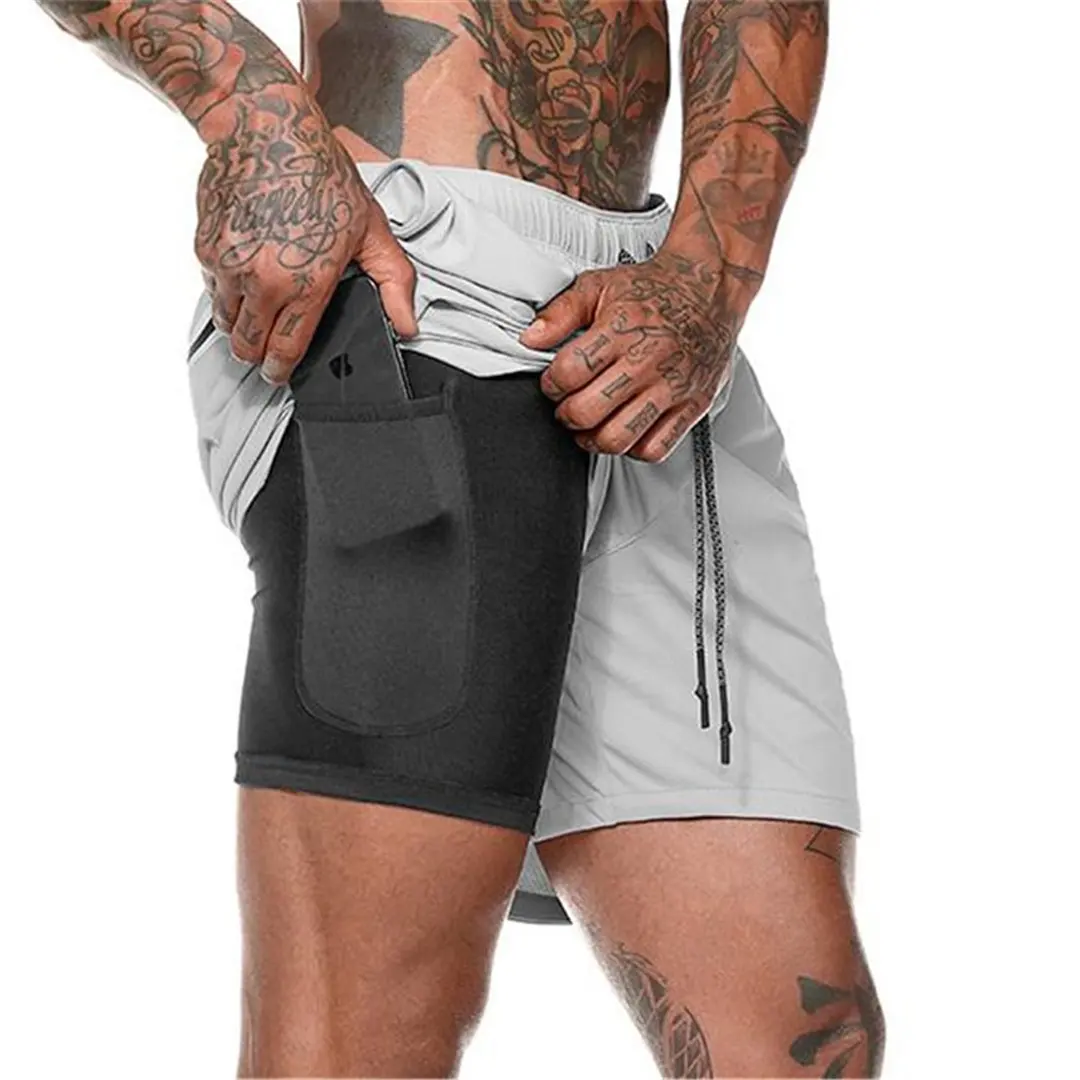 Fitness Inseam Double Layer Elastic Waist Jogging Men Boy Beach Shorts