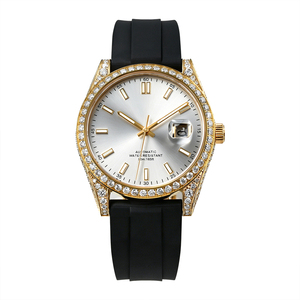 Montre mécanique pour homme en moissanite, plaquée or, luxe, avec lunette semi-incrustée de diamants, cadran non serti, fenêtre de date, personnalisable, qualité supérieure - Product Image 1