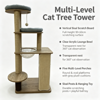 Arbre à chat multi-niveaux moderne et luxueux en bois, avec griffoir vertical en sisal, bol en acrylique transparent et coussin.