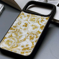 Coque de téléphone en verre A9 rouge foncé avec bordure noire, motif floral doré vintage et paillettes, protection intégrale pour 17 Pro, design personnalisable