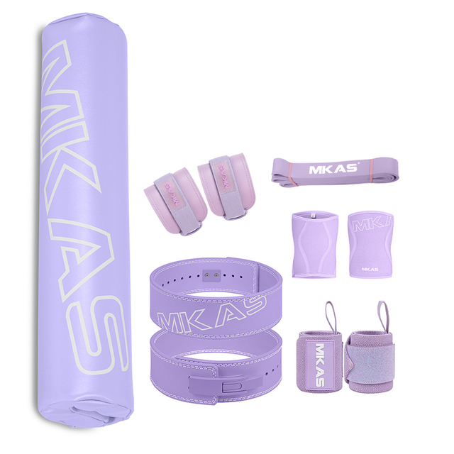 MKAS Purple Gym Wrist Straps Powerlifting Belt Barbell Pad Ankle Straps Knee Sleeves Latex Resistance Bands Wrist Wraps