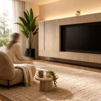 Meuble TV mural flottant moderne de luxe sur mesure avec éclairage LED, meuble TV minimaliste en bois de style Japandi, meubles de salon