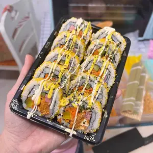 Cajas de embalaje desechables para sushi, caja de plástico transparente con tapa, caja de embalaje para salmón, contenedor de comida impreso con hoja de arce dorada