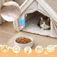 Niches pour chat en bois massif 2-en-1 toutes saisons, lit et maison pour chat en bois naturel, toit en sisal en forme de coquille semi-fermé