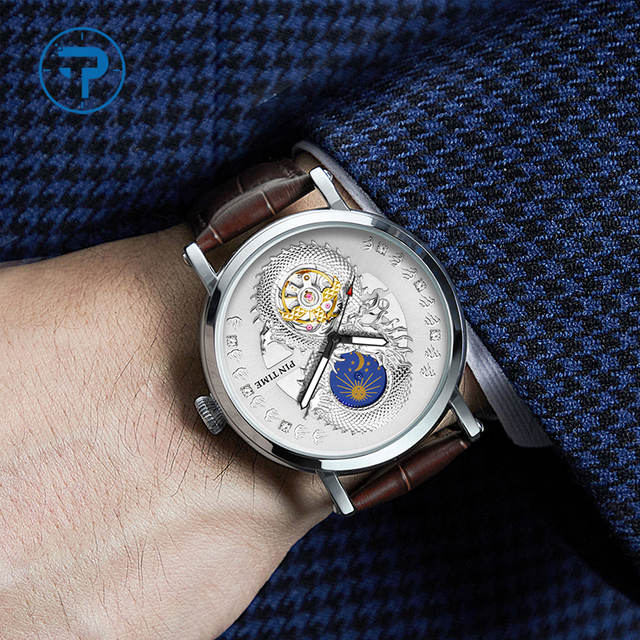 Luxury Leather Band Mechanical Watches Waterproof Skeleton Moon Phase Automatic Watches Mens Tourbillon Mechanical Watch for Men