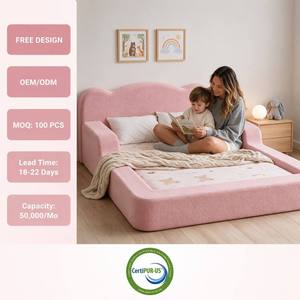 Letto Montessori Imbottito in Bouclé con Sponde e Testiera Ondulata, Struttura per Camera da Letto Bambini, Colore Personalizzabile OEM - Product Image 1