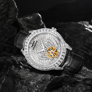Jam tangan <span class=keywords><strong>Analog</strong></span> berlian antiair uniseks, jam tangan olahraga modis desain bercahaya tali kulit casing baja otomatis mekanis - Product Image 6