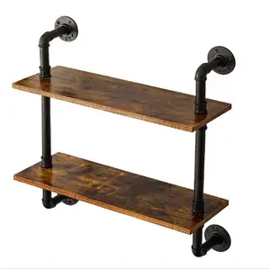 Bracket Storage for Bedroom Kitchen Living Room Bathroom Pipe Floating Shelves 2-Tiers Rustic Wall Mount Bookshelf