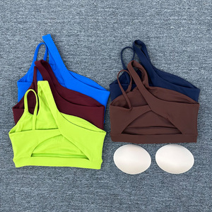 Sujetador deportivo sexy sin costuras de un solo hombro, cepillado, ajustado, acolchado, para gimnasio, fitness, yoga, top sin mangas <span class=keywords><strong>con</strong></span> LOGO - Product Image 1