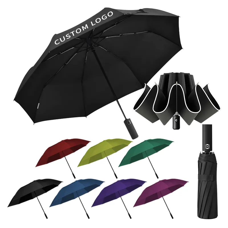 مظلة مطرية خفيفة ومحمولة ومخصصة بشعار مخصص أوتوماتيكي للقفز عند الصدمات فوق البنفسجية ومظلة للعب الجولف ومظلة قابلة للطي مع مصباح يدوي