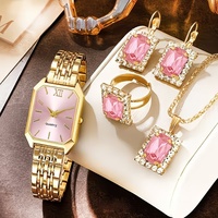 Ensemble de bijoux pour femmes, 5 pièces, montre-bracelet en quartz rectangulaire avec cristaux, collier, bague, boucles d'oreilles, ensemble de montres en cadeau, vente en gros