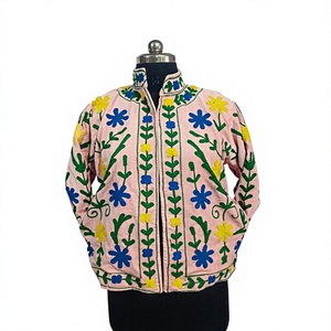 Veste pour femme brodée de fleurs roses, en coton, style Suzani, manches longues, col montant, automne-hiver - Product Image 4