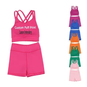 50% Voor Borduurwerk Cross Strap Actieve Kleding Outfit Voor Kinderen Nylon Spandex Peuter Sport Set Baby Girl Fitness Yoga Set Dragen