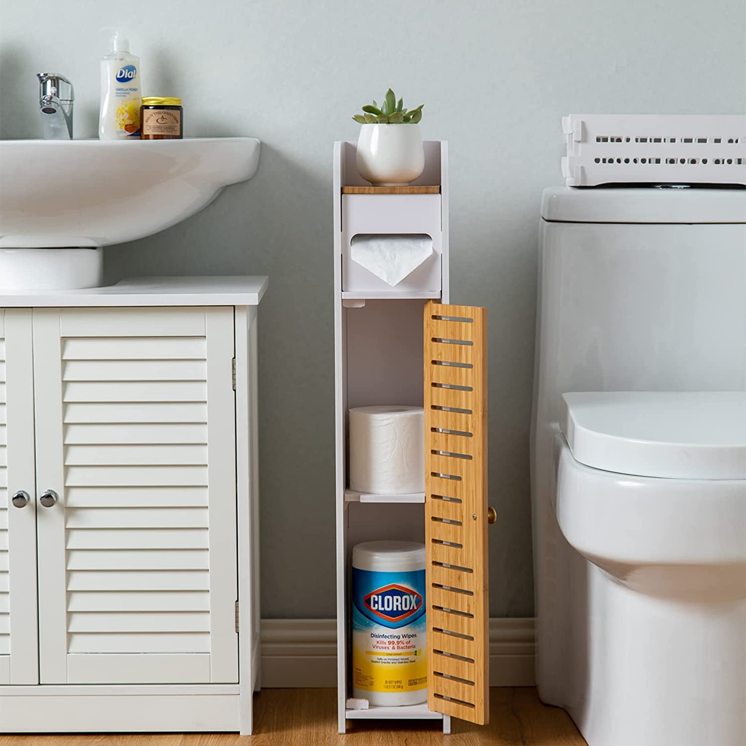 H HUIYKALY Almacenamiento De Papel Higiénico, Soporte De Papel Higiénico, Soporte De Baño Con Inserto De Soporte De Papel Higiénico, Gabinete De Almacenamiento Delgado Para Espacios Pequeños, Color
