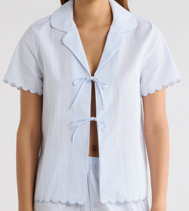 Ensemble pyjama femme printemps-été, haut à manches courtes avec nœud et short, deux pièces, vêtements de maison, rayures, bord festonné, coton, vêtements de nuit - Product Image 4