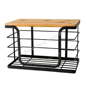Bathroom <b>Storage</b> <b>Basket</b> With Wooden Top 2 Tier Metal Rack Multi Functional Towel Organizer For Kitchen And Bathroom - Product Image 3