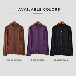 Cárdigan de Manga Larga con Cuello de Solapa de Seda, Cierre de Botón, Color Sólido, Logotipo Personalizado, Premium, Suave, Transpirable, Elegante, Blusa para Mujer - Product Image 4