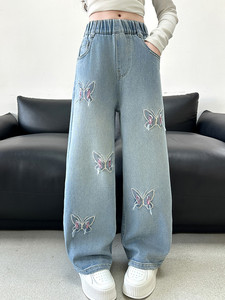 Primavera autunno <span class=keywords><strong>Jeans</strong></span> dritti a gamba larga da ragazza a vita alta tinta unita ampia traspirante Casual poliestere/cotone - Product Image 5