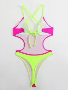 Costume intero da donna Sexy in tinta unita con profondo V Monokini con spalline a croce posteriore con Design traforato con taglio perizoma brasiliano - Product Image 5