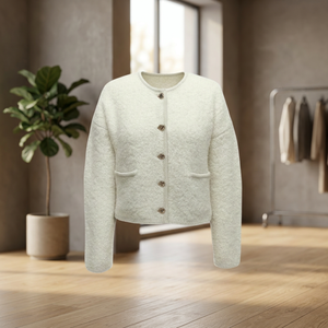 Cardigan en tricot texturé blanc pour femme, col rond, boutons sur le devant, manches longues, pour l'automne - Product Image 4