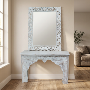 Table de toilette pliable vintage en bois de manguier massif blanc vieilli avec miroir sculpté, mobilier de chambre et d'hôtel - Product Image 4