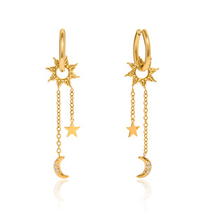 Pendientes colgantes de moda, chapados en oro de 18 quilates, aleación de zinc, diseño de sol, luna y estrella, con borlas, forma geométrica, para mujer - Product Image 5