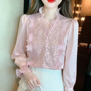 Women's Sequin Stitching Shirt Spring New Style Wooden Ear Fashion Blouses Female Silk Shirt Long Sleeve Top